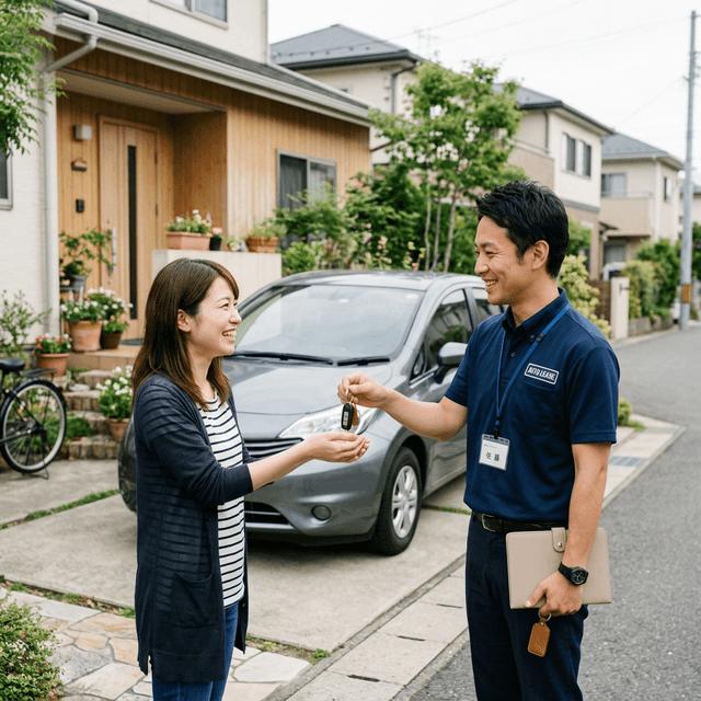車の前で鍵を受け渡す、車買取のイメージ