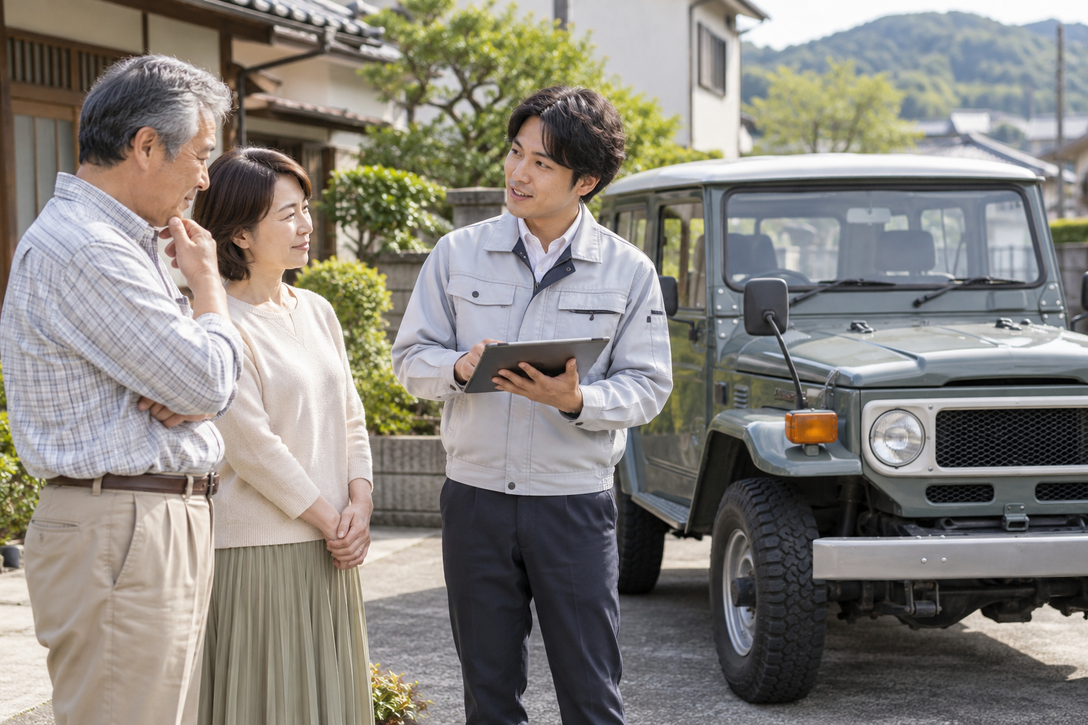 ご家族と担当者が車両の相談をするイメージ