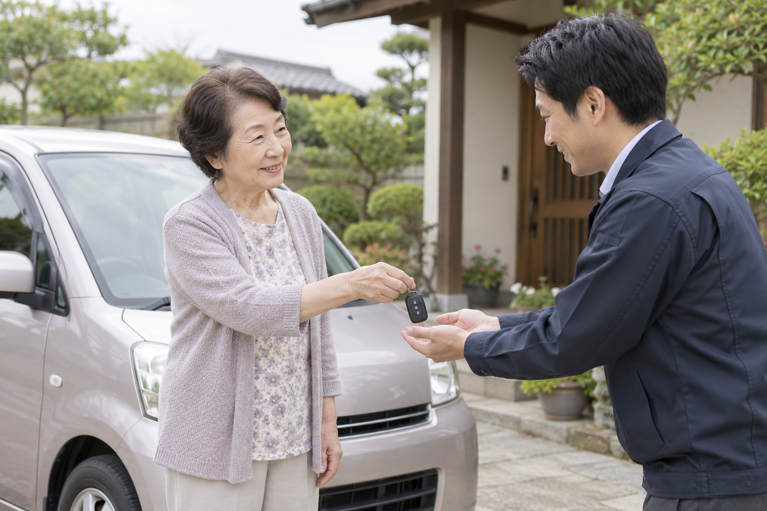 自宅で車の鍵を担当者に手渡すイメージ